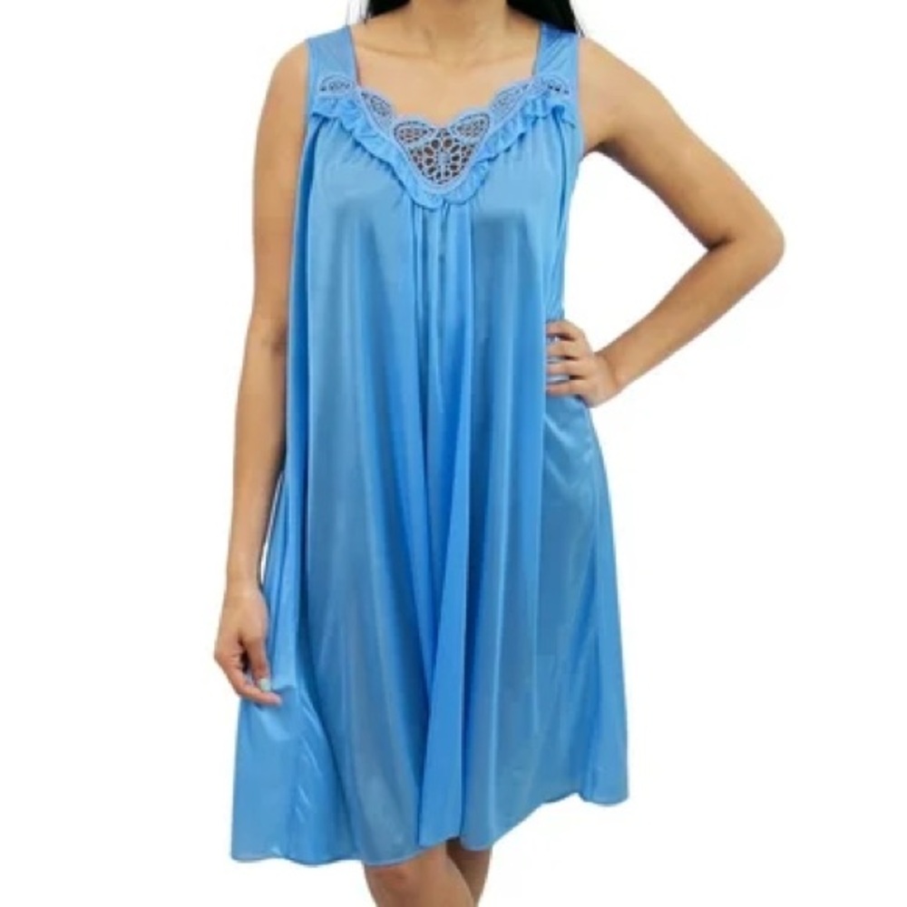 Vintage Women's Light Blue Silky Satin Nightgown with Lace Neckline Lati Fashion